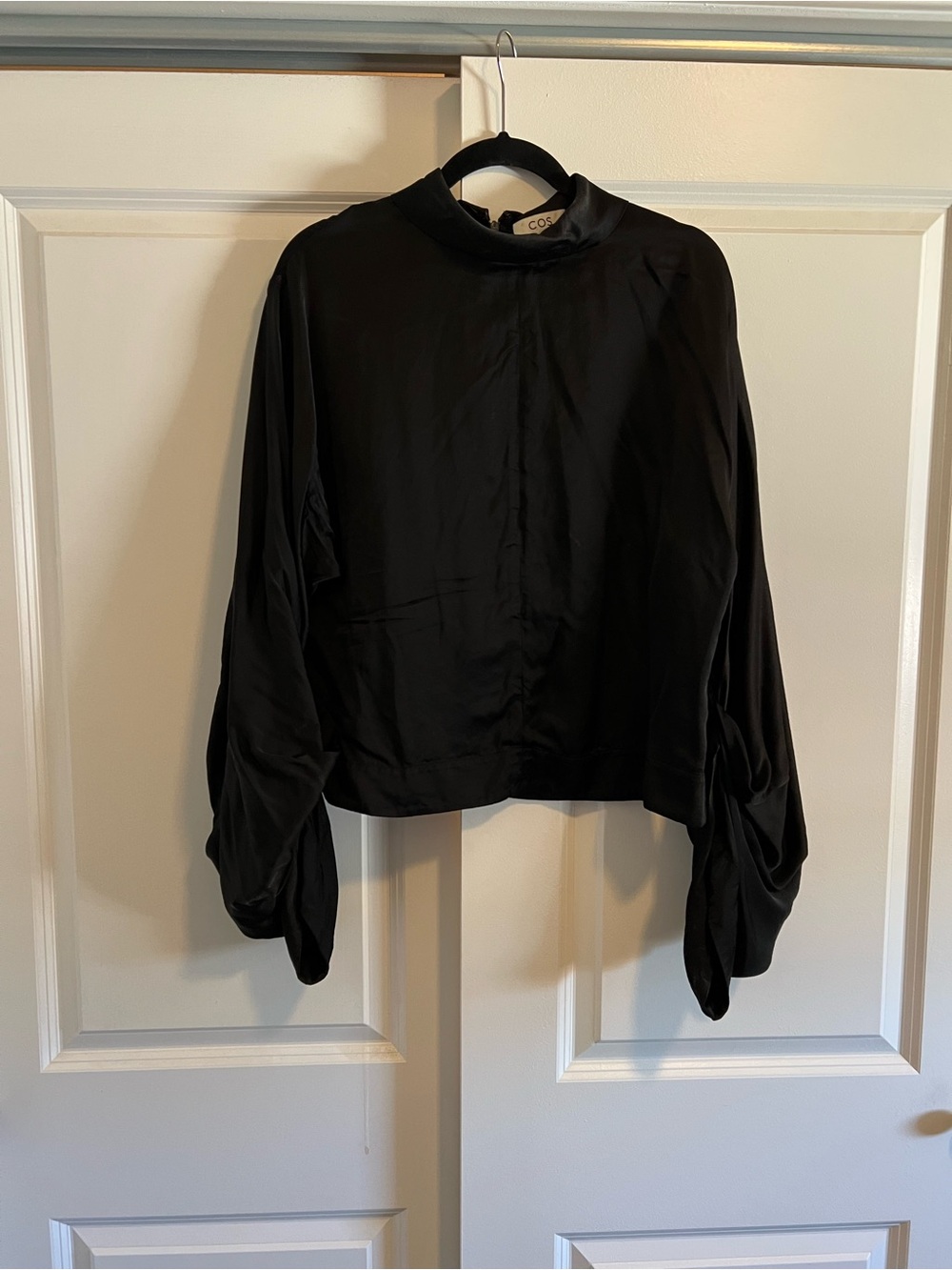 COS Black Fluid High Neck Blouse Size 8 Balloon Sleeve